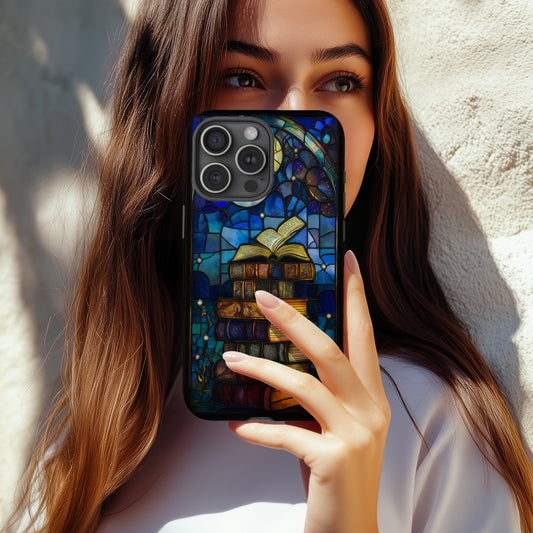 Celestial Library Phone Case – Stained Glass Books, Moon & Stars Art