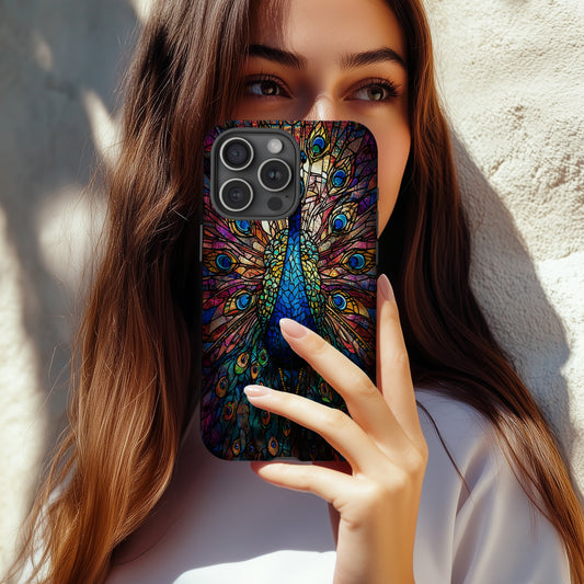 Majestic Peacock Stained Glass Phone Case – Jewel-Toned Art Nouveau Design