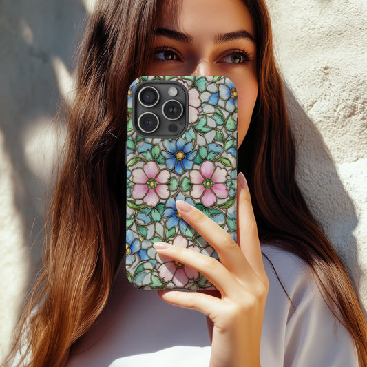 Vintage Pastel Stained Glass Floral Phone Case – Soft Pink & Blue Blossoms
