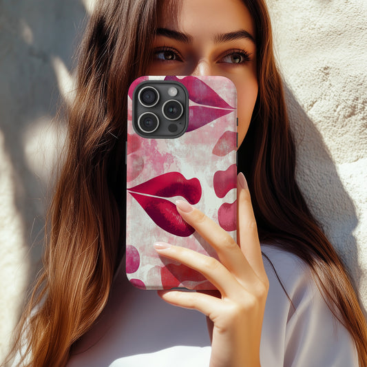 Lipstick Kiss Print Phone Case – Bold Red Lips on Pink Watercolor