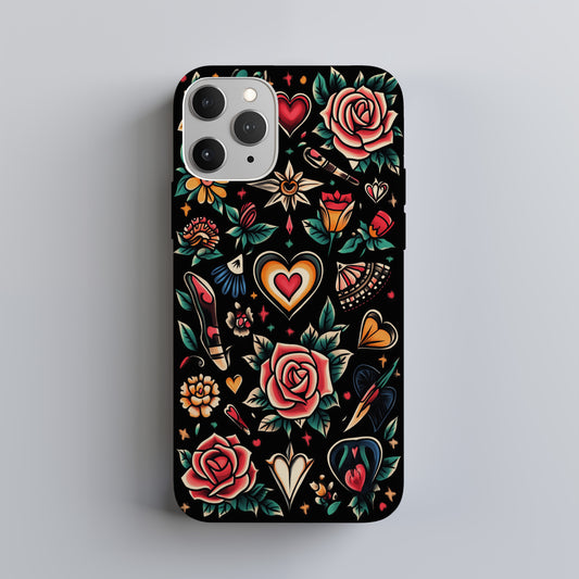 Vintage Flash Tattoo Floral Hearts Phone Case – Bold Traditional Ink Style