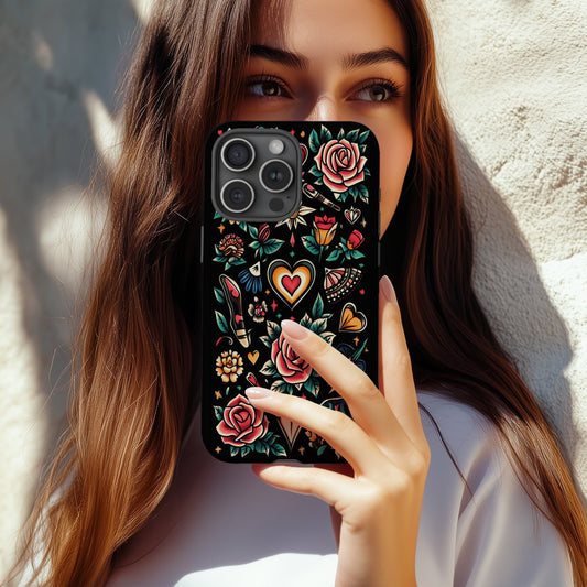 Vintage Flash Tattoo Floral Hearts Phone Case – Bold Traditional Ink Style