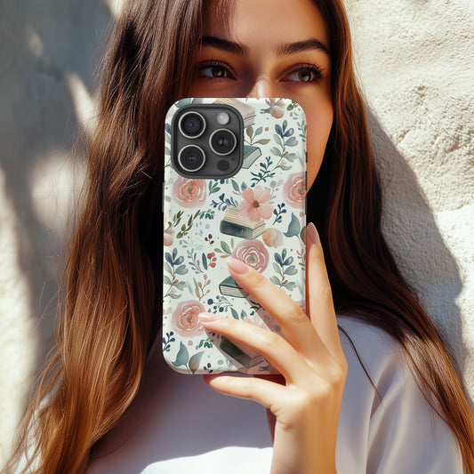 Books & Blooms Phone Case – Watercolor Floral & Vintage Book Pattern