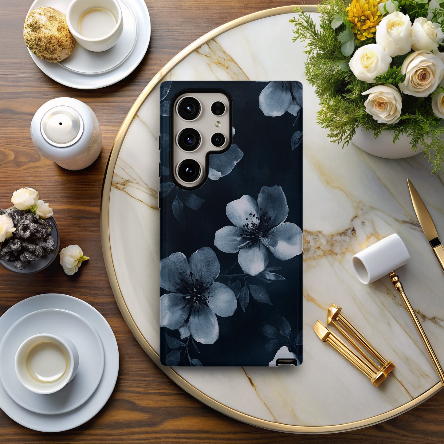 Midnight Bloom Noir Case – Grayscale Floral Elegance in Charcoal