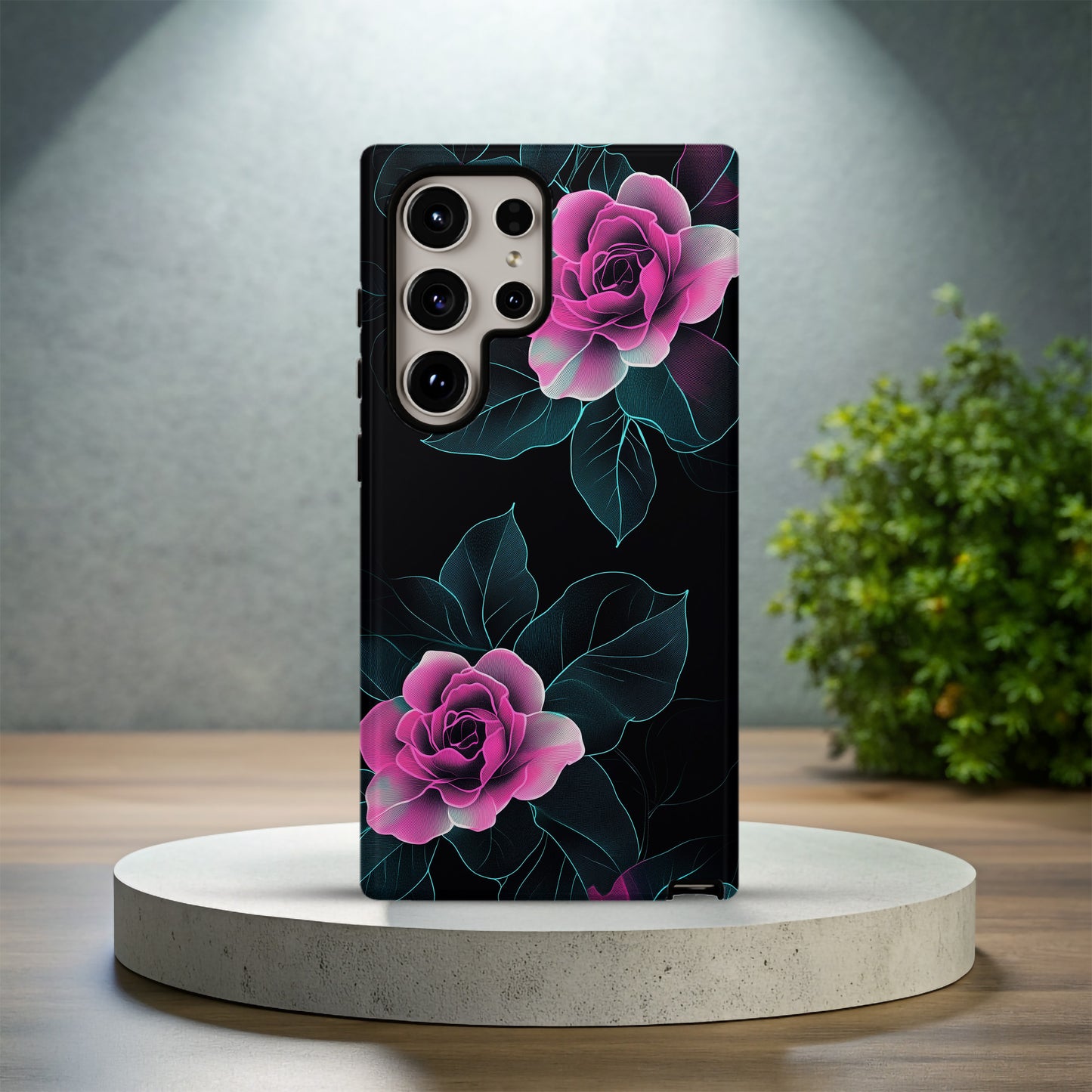 Neon Noir Rose Case – Glowing Pink Florals on Deep Black