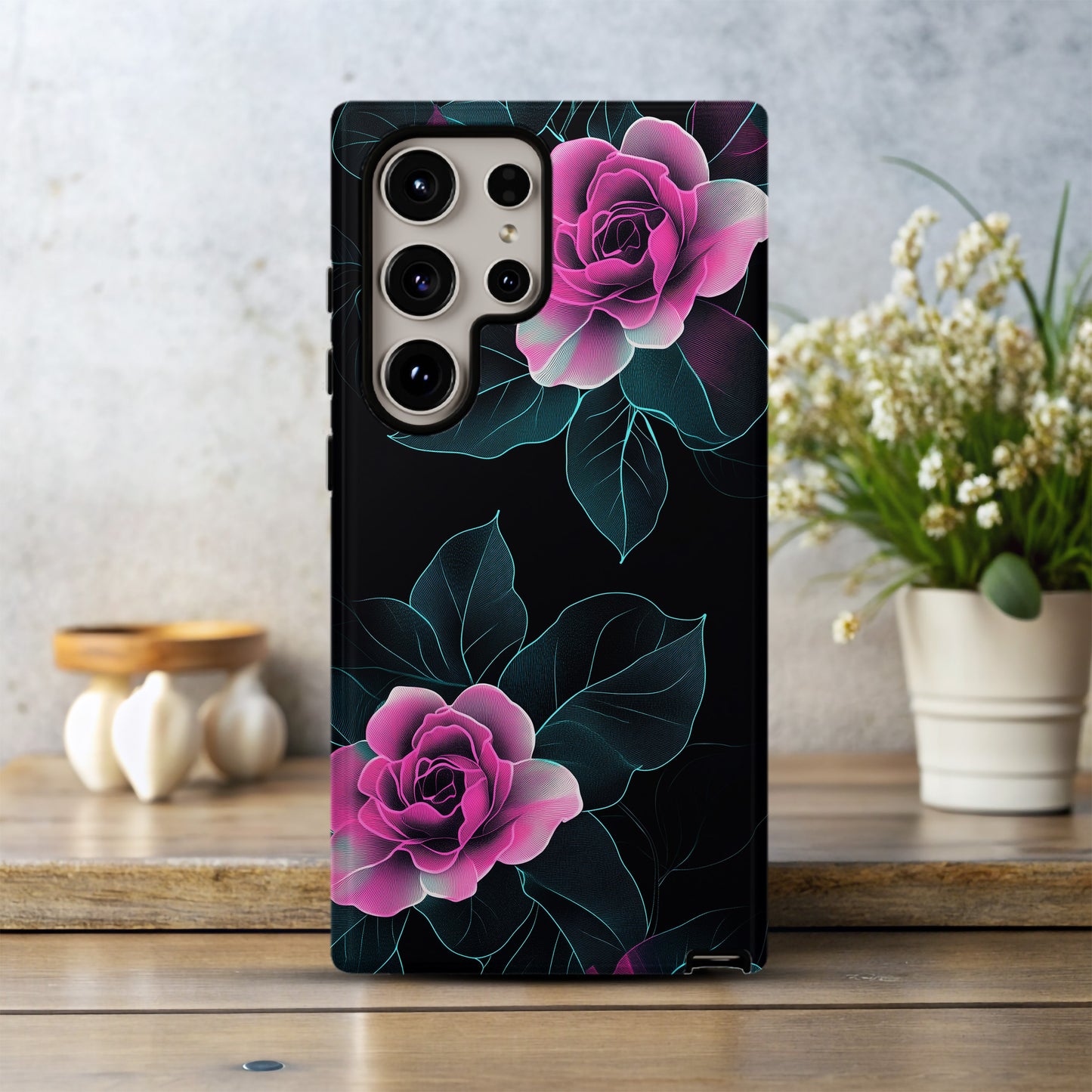 Neon Noir Rose Case – Glowing Pink Florals on Deep Black