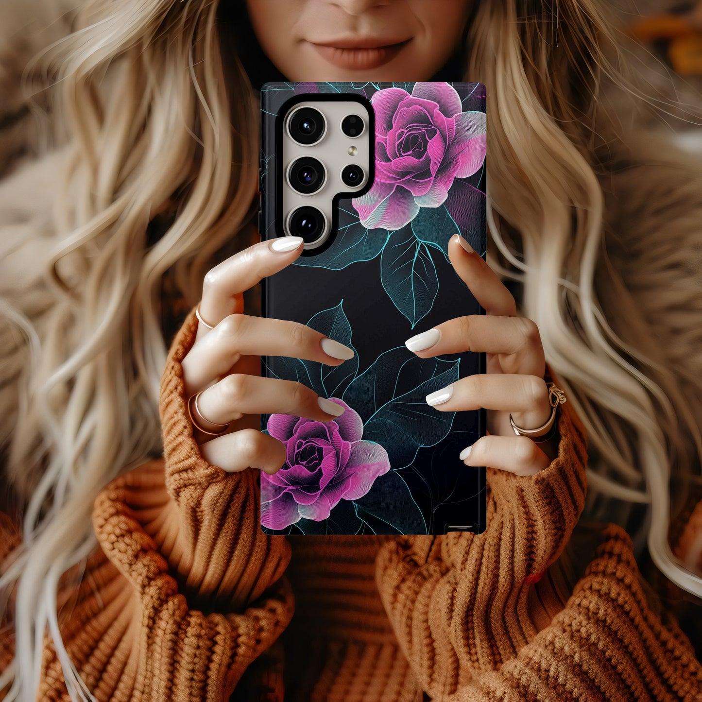 Neon Noir Rose Case – Glowing Pink Florals on Deep Black