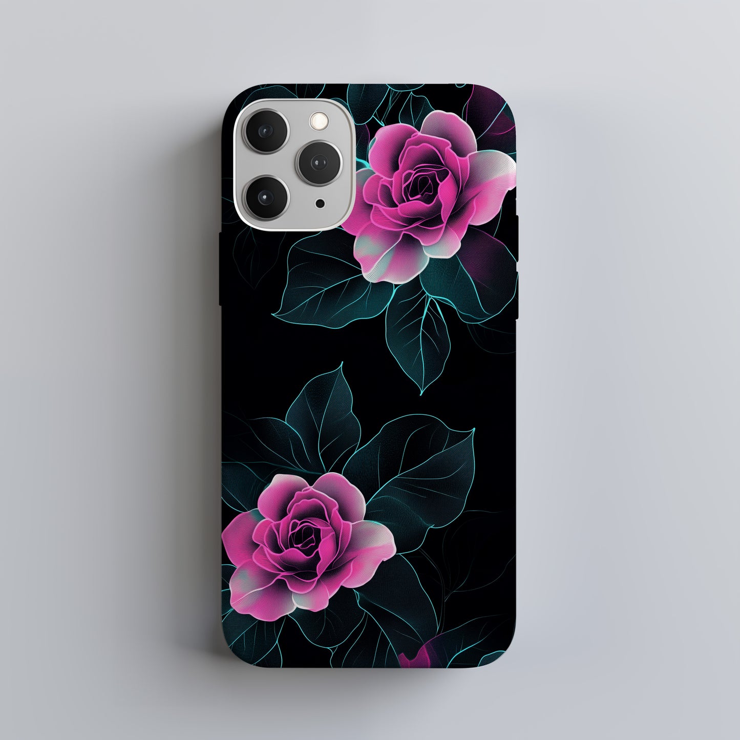 Neon Noir Rose Case – Glowing Pink Florals on Deep Black