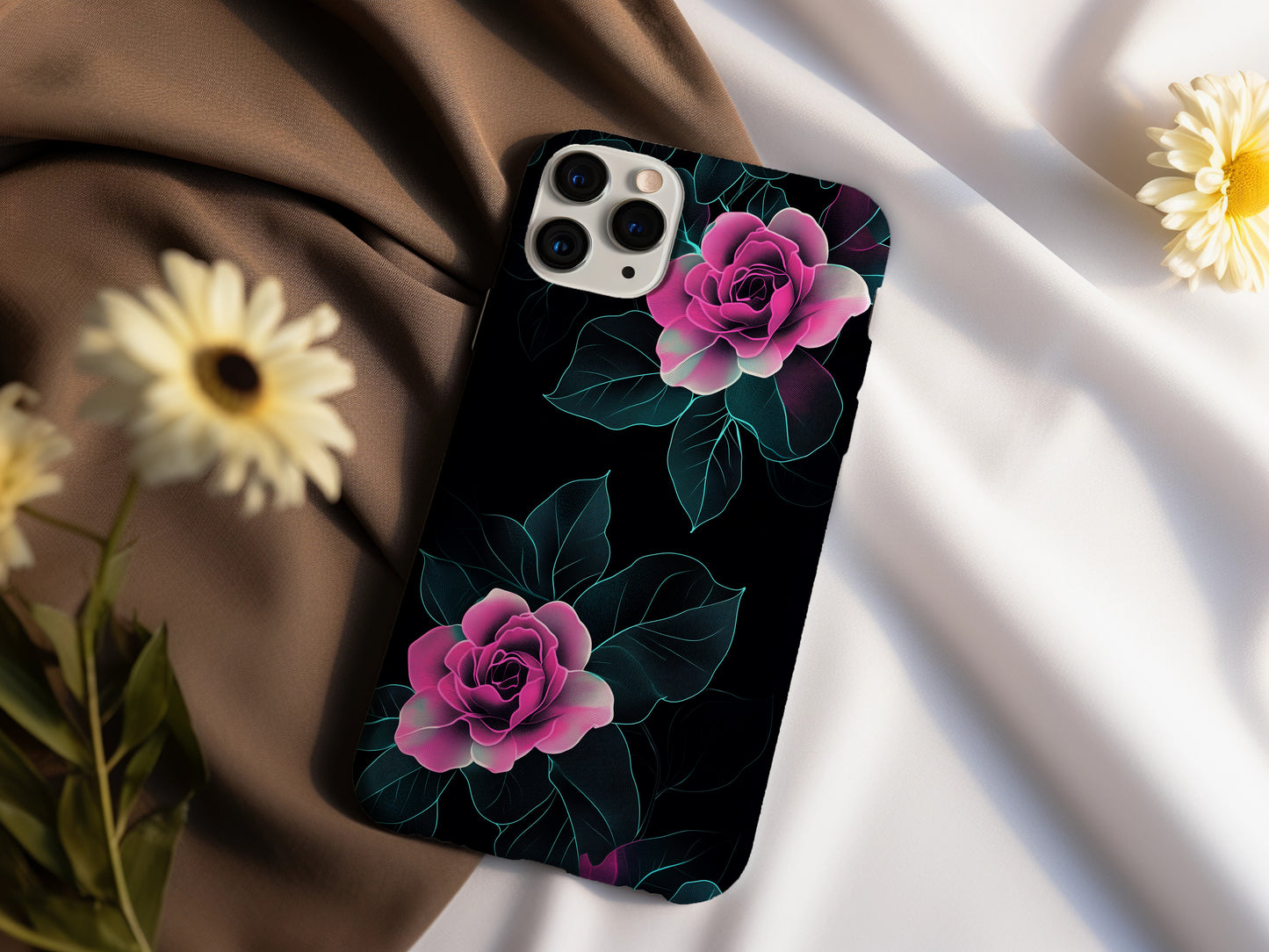 Neon Noir Rose Case – Glowing Pink Florals on Deep Black