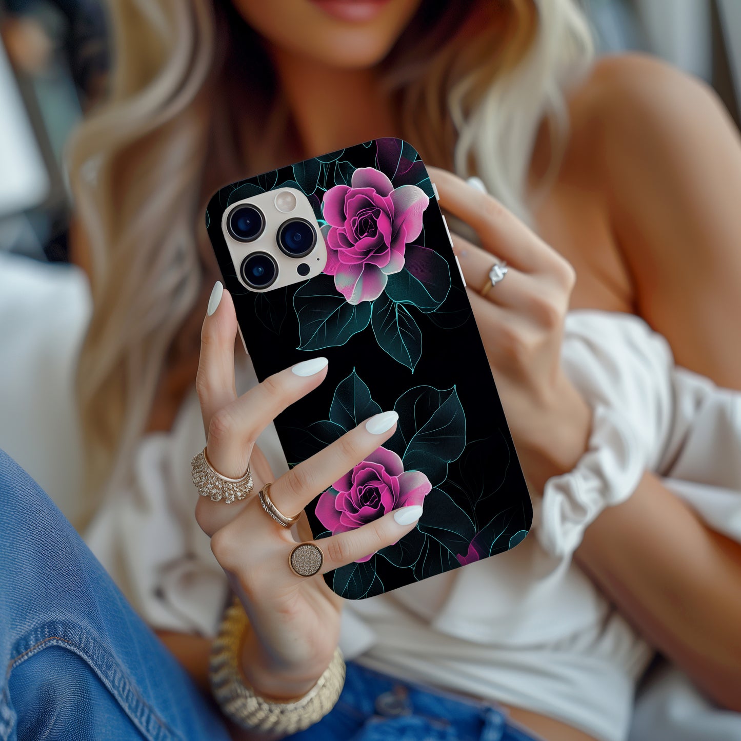 Neon Noir Rose Case – Glowing Pink Florals on Deep Black