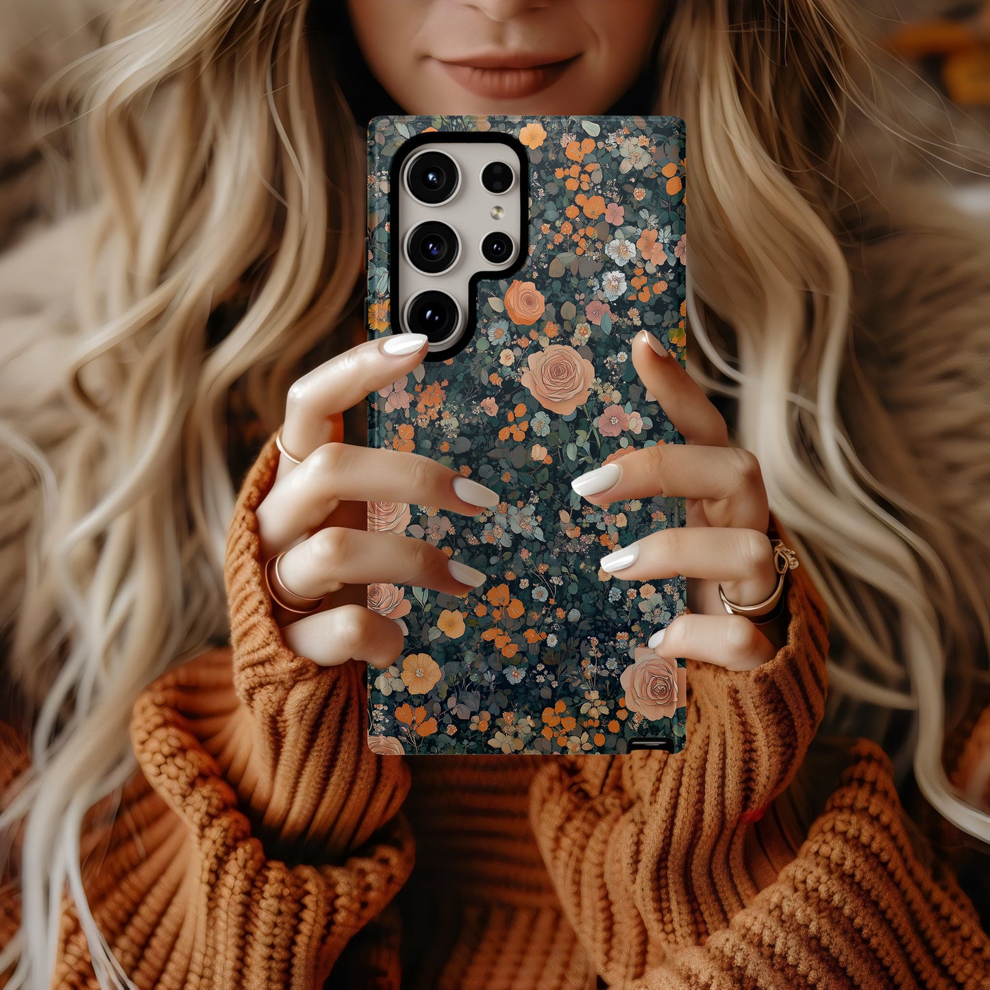 Midnight Rose Garden Case – Dark Romantic Floral with Peach Blooms