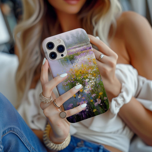 Whispers by the River Case – Soft Wildflower Landscape in Impressionist Pastels