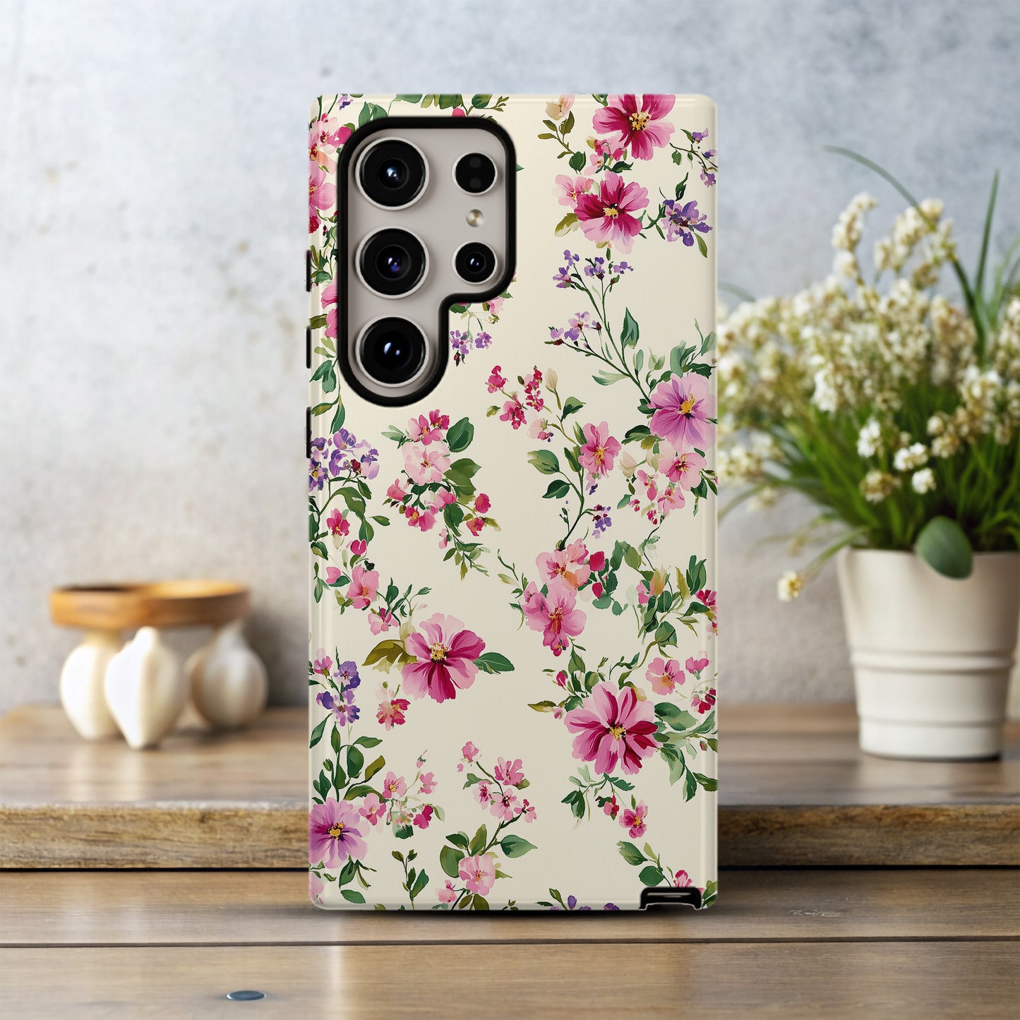 Watercolor Bloom Phone Case – Vibrant Pink & Purple Florals on Cream
