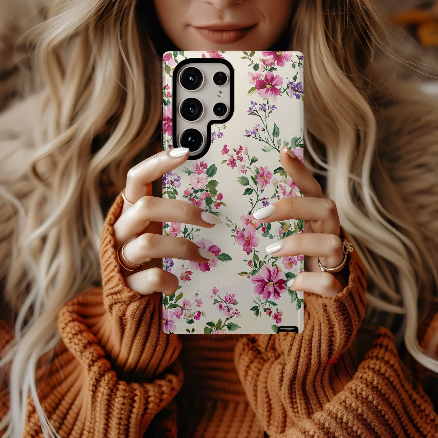 Watercolor Bloom Phone Case – Vibrant Pink & Purple Florals on Cream