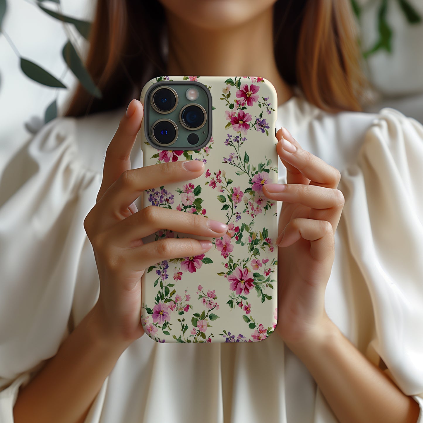 Watercolor Bloom Phone Case – Vibrant Pink & Purple Florals on Cream