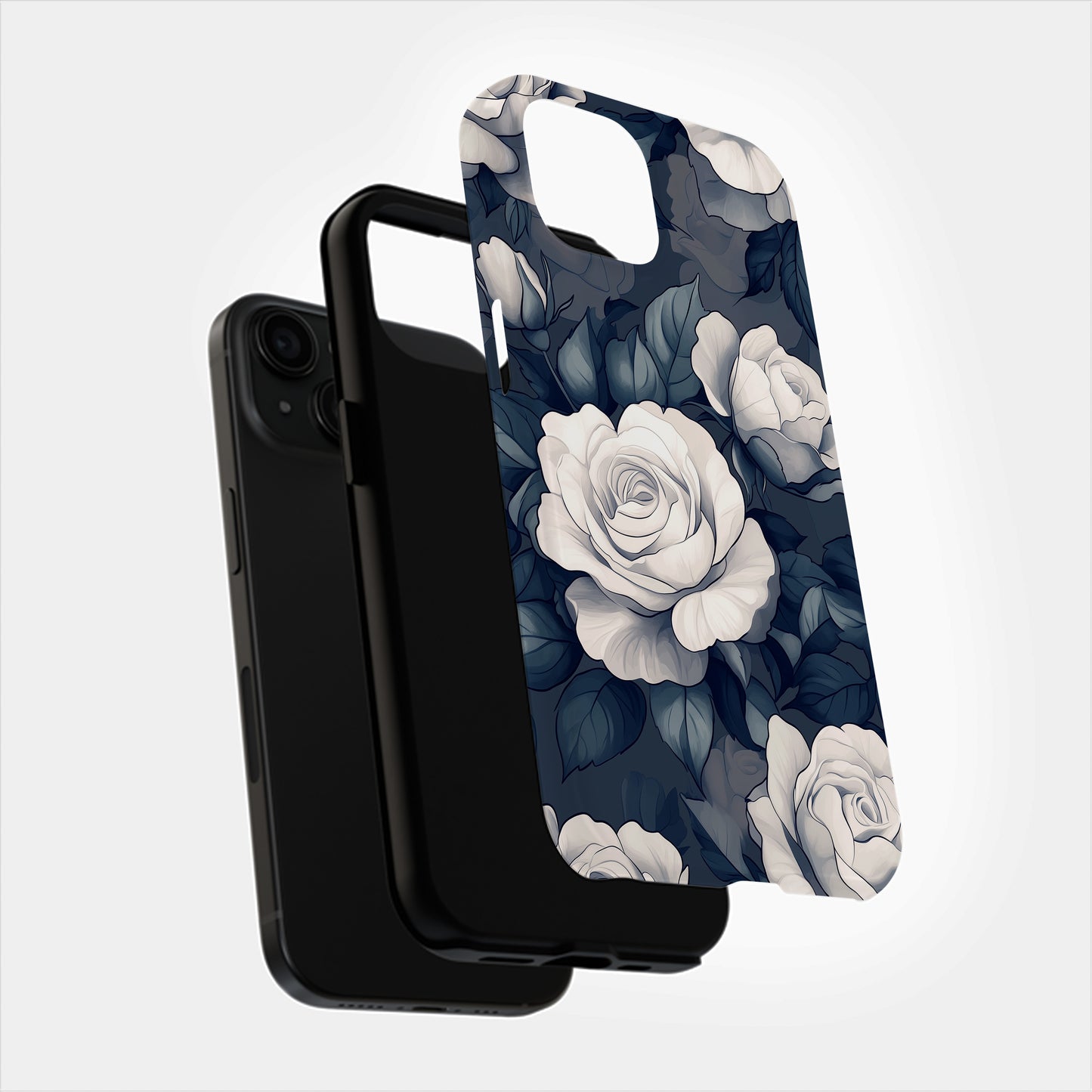 Nocturne Rose Phone Case – Vintage-Inspired White Florals on Midnight Blue
