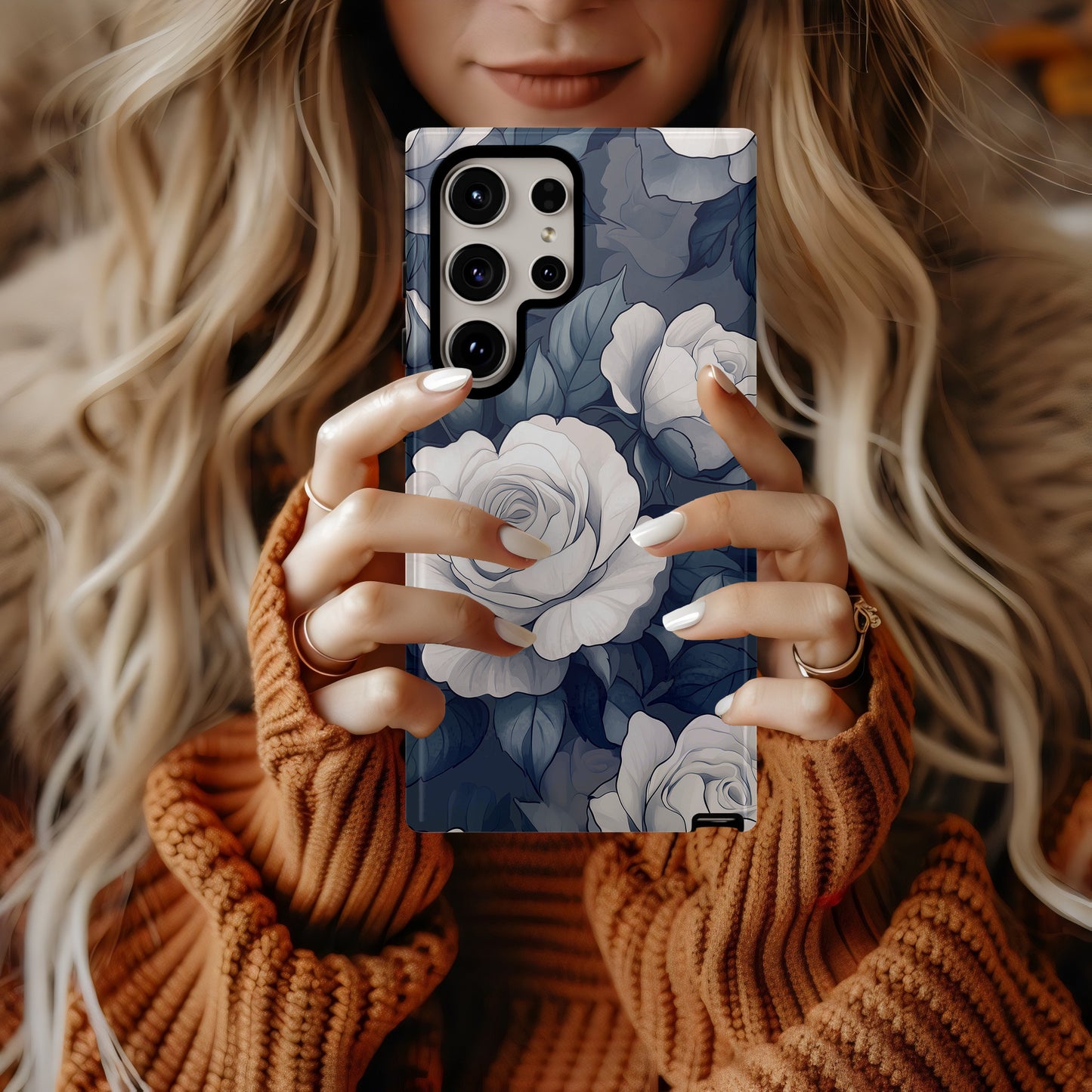 Nocturne Rose Phone Case – Vintage-Inspired White Florals on Midnight Blue