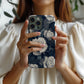 Nocturne Rose Phone Case – Vintage-Inspired White Florals on Midnight Blue