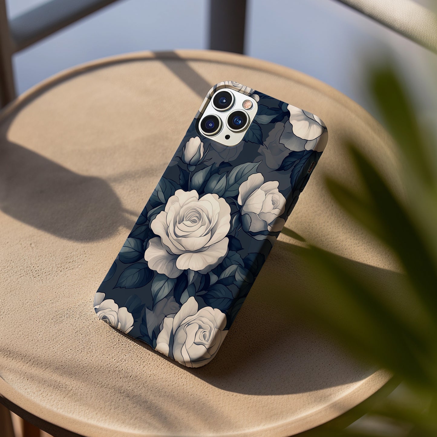 Nocturne Rose Phone Case – Vintage-Inspired White Florals on Midnight Blue