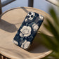 Nocturne Rose Phone Case – Vintage-Inspired White Florals on Midnight Blue