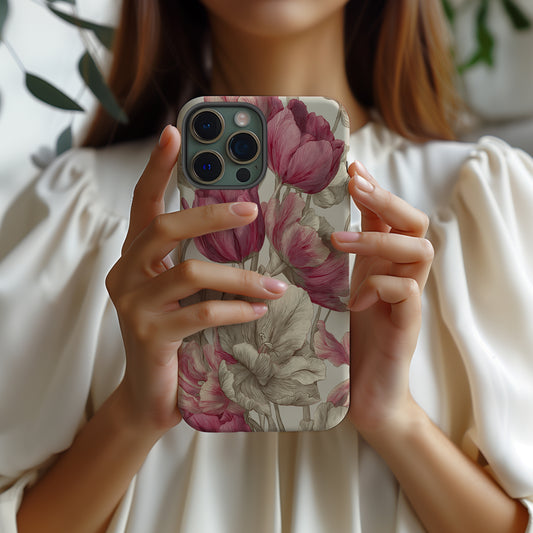 Heirloom Tulip Phone Case – Vintage Botanical Line Art in Blush & Sepia