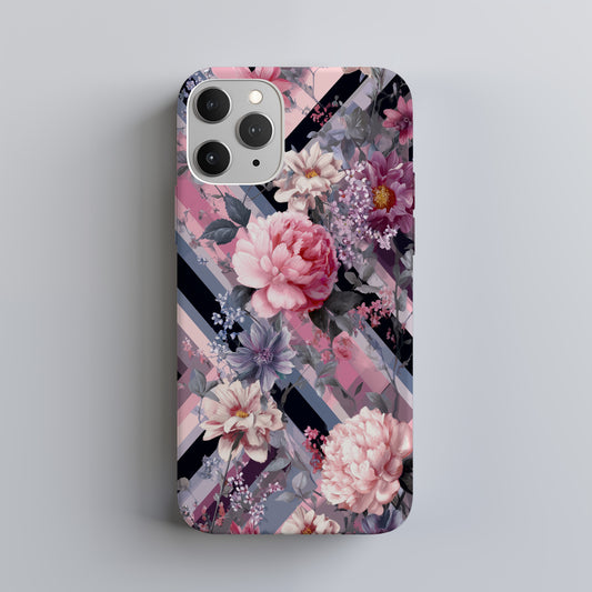 Blossom Grid Phone Case – Bold Florals on Pastel Diagonal Stripes