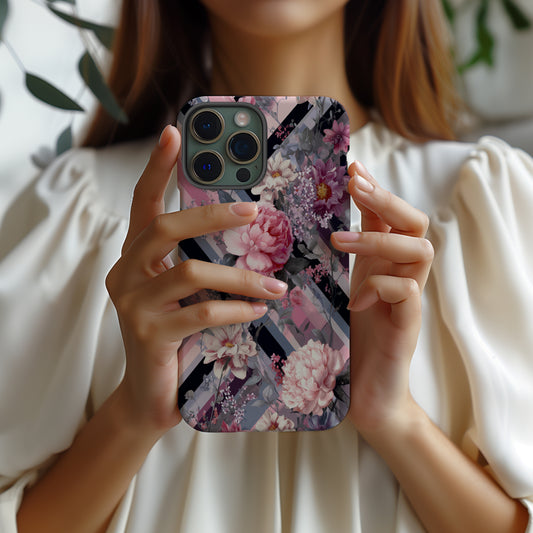 Blossom Grid Phone Case – Bold Florals on Pastel Diagonal Stripes