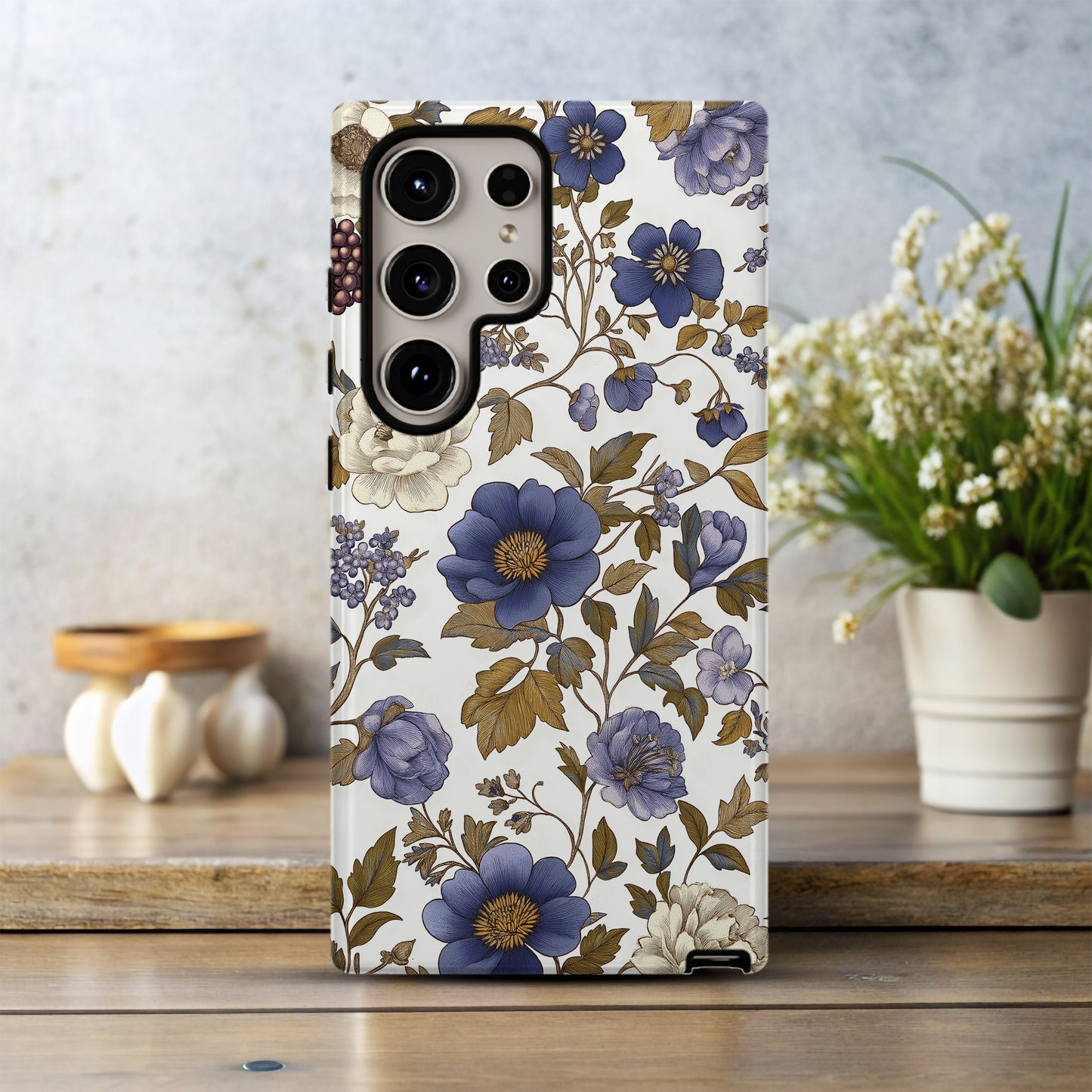 Midnight Garden Phone Case – Dusty Blue & Gold Floral Elegance