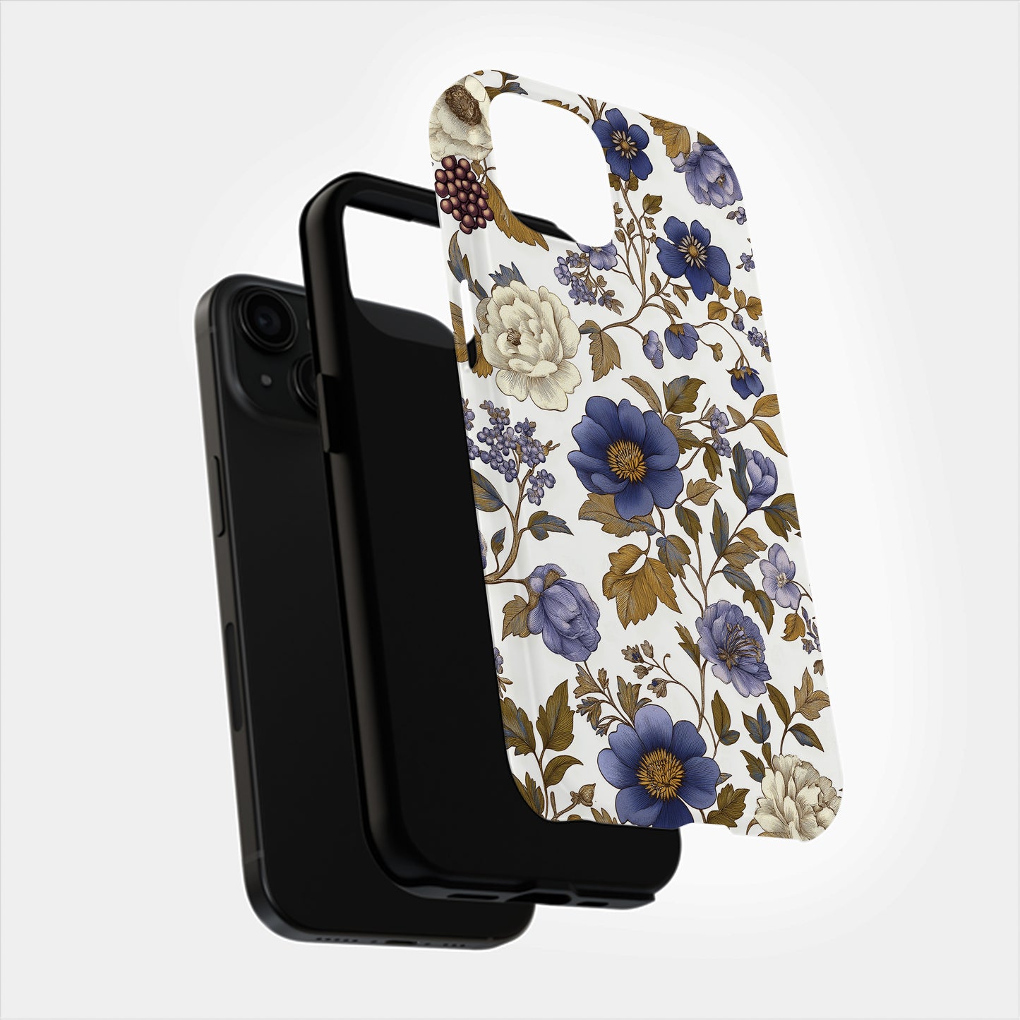 Midnight Garden Phone Case – Dusty Blue & Gold Floral Elegance