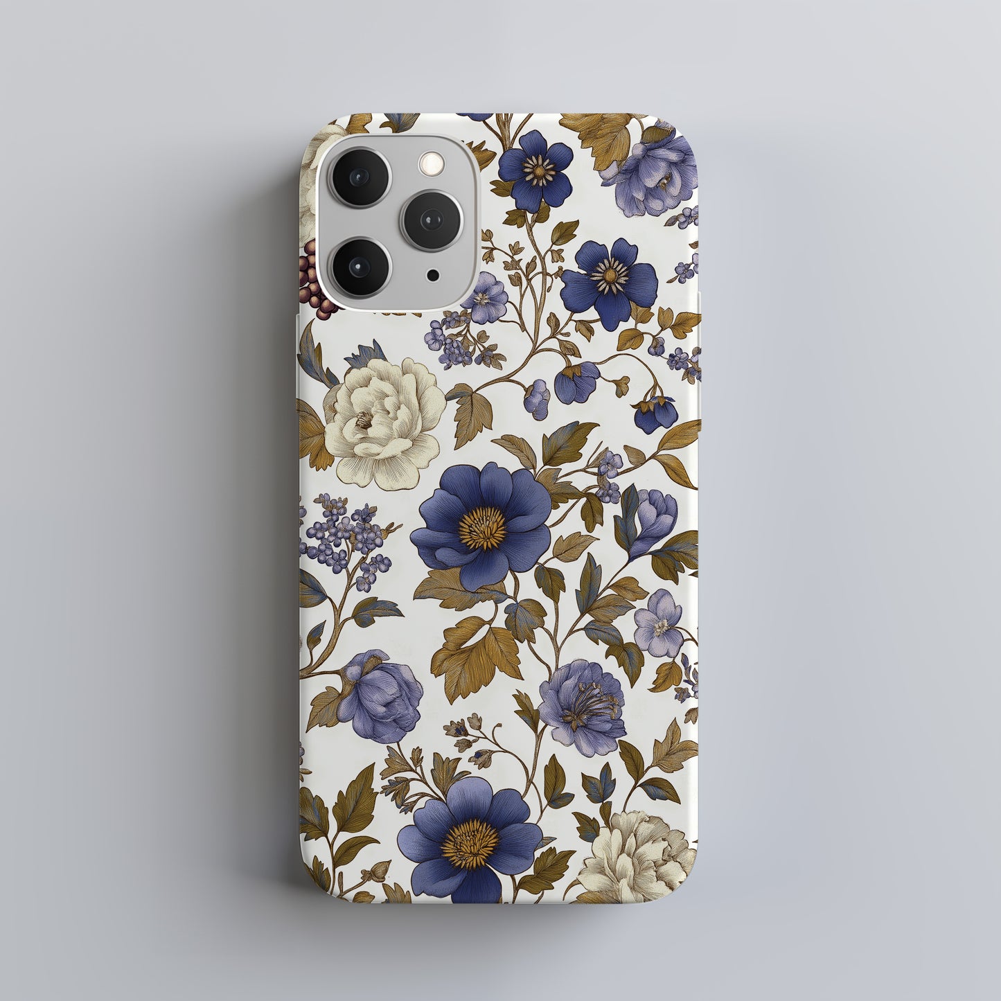 Midnight Garden Phone Case – Dusty Blue & Gold Floral Elegance