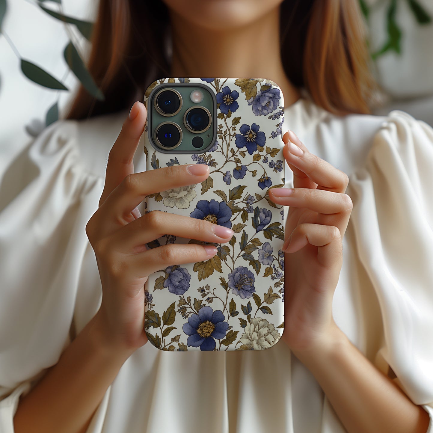 Midnight Garden Phone Case – Dusty Blue & Gold Floral Elegance