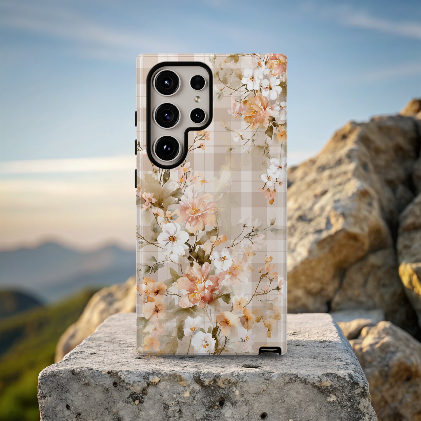 Vintage Bloom Gingham Phone Case – Soft Beige Botanical Elegance