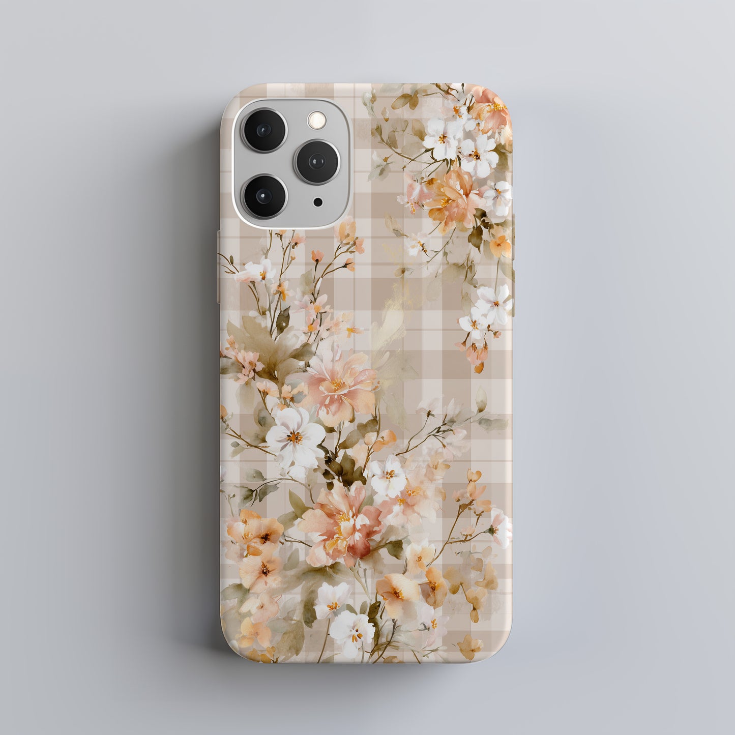Vintage Bloom Gingham Phone Case – Soft Beige Botanical Elegance