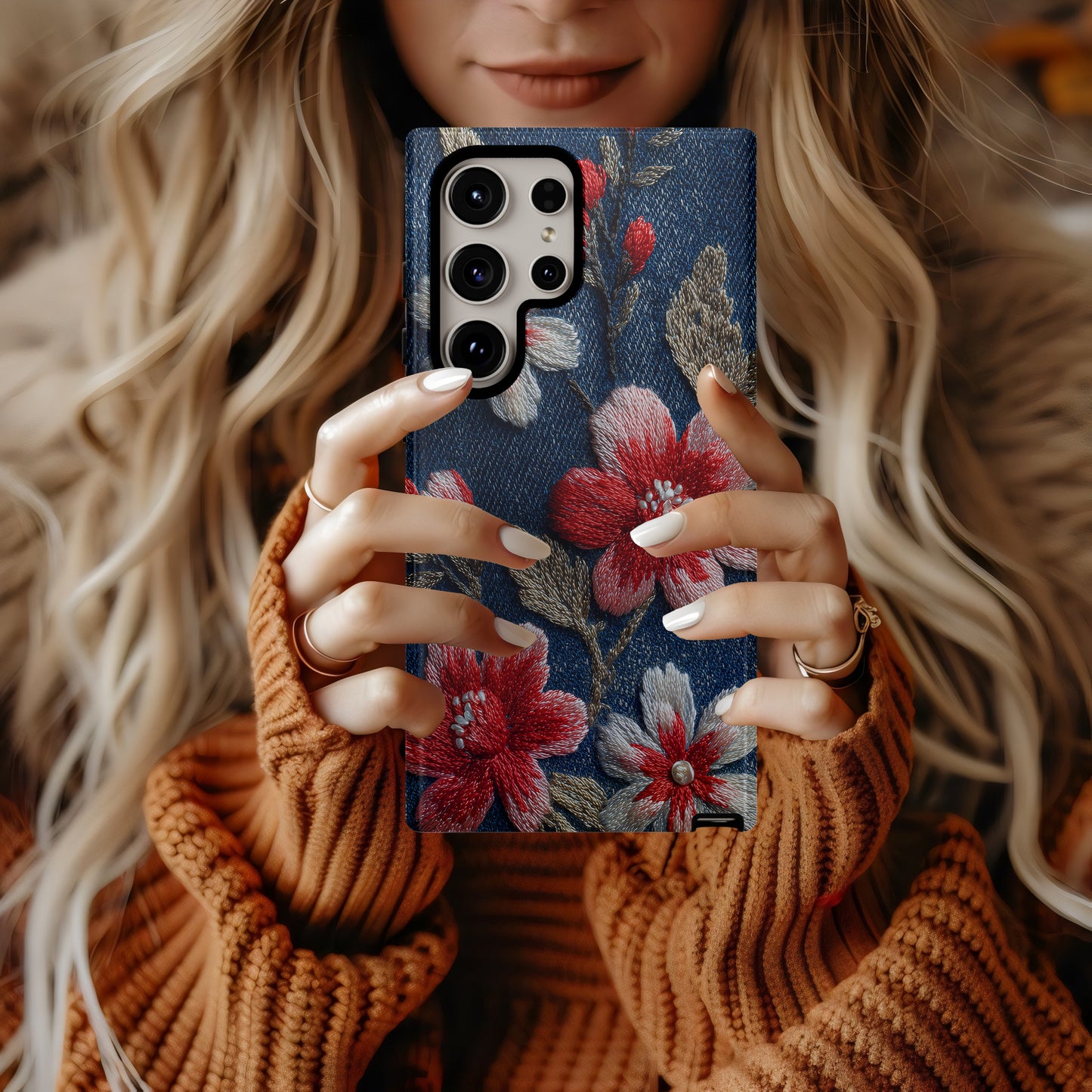 Embroidered Cherry Blossom Denim Phone Case – Pearl Accent Floral Stitch