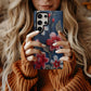 Embroidered Cherry Blossom Denim Phone Case – Pearl Accent Floral Stitch