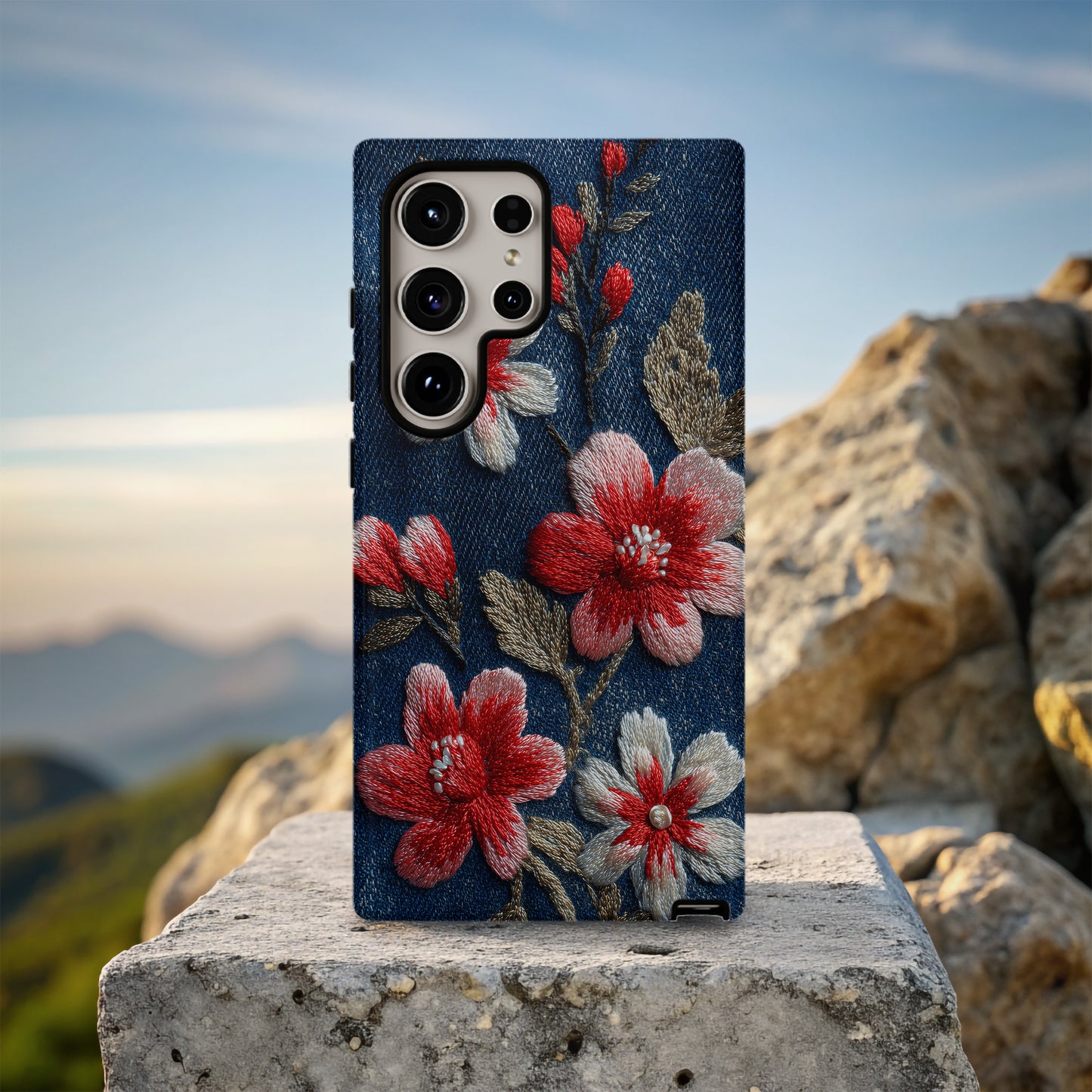 Embroidered Cherry Blossom Denim Phone Case – Pearl Accent Floral Stitch