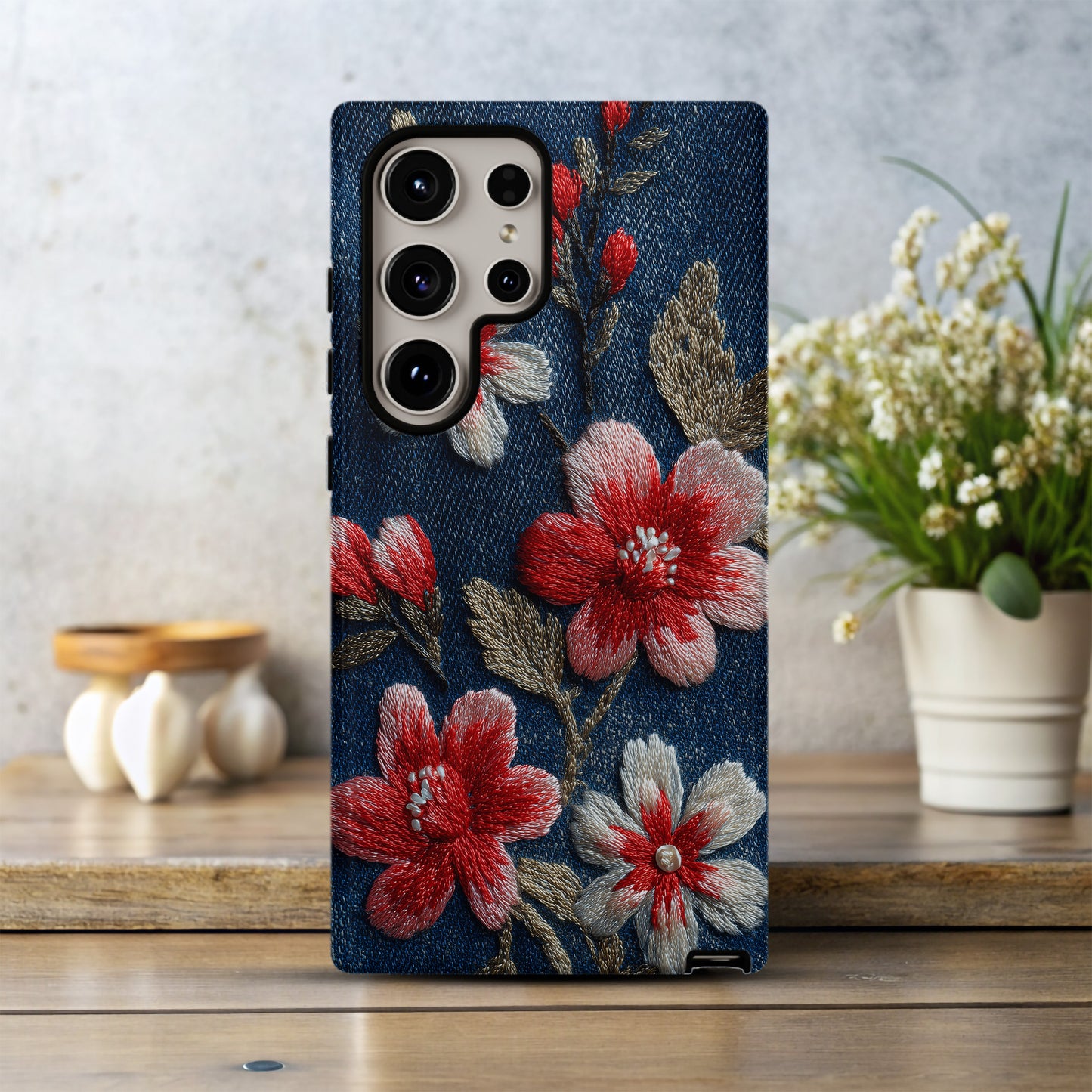 Embroidered Cherry Blossom Denim Phone Case – Pearl Accent Floral Stitch