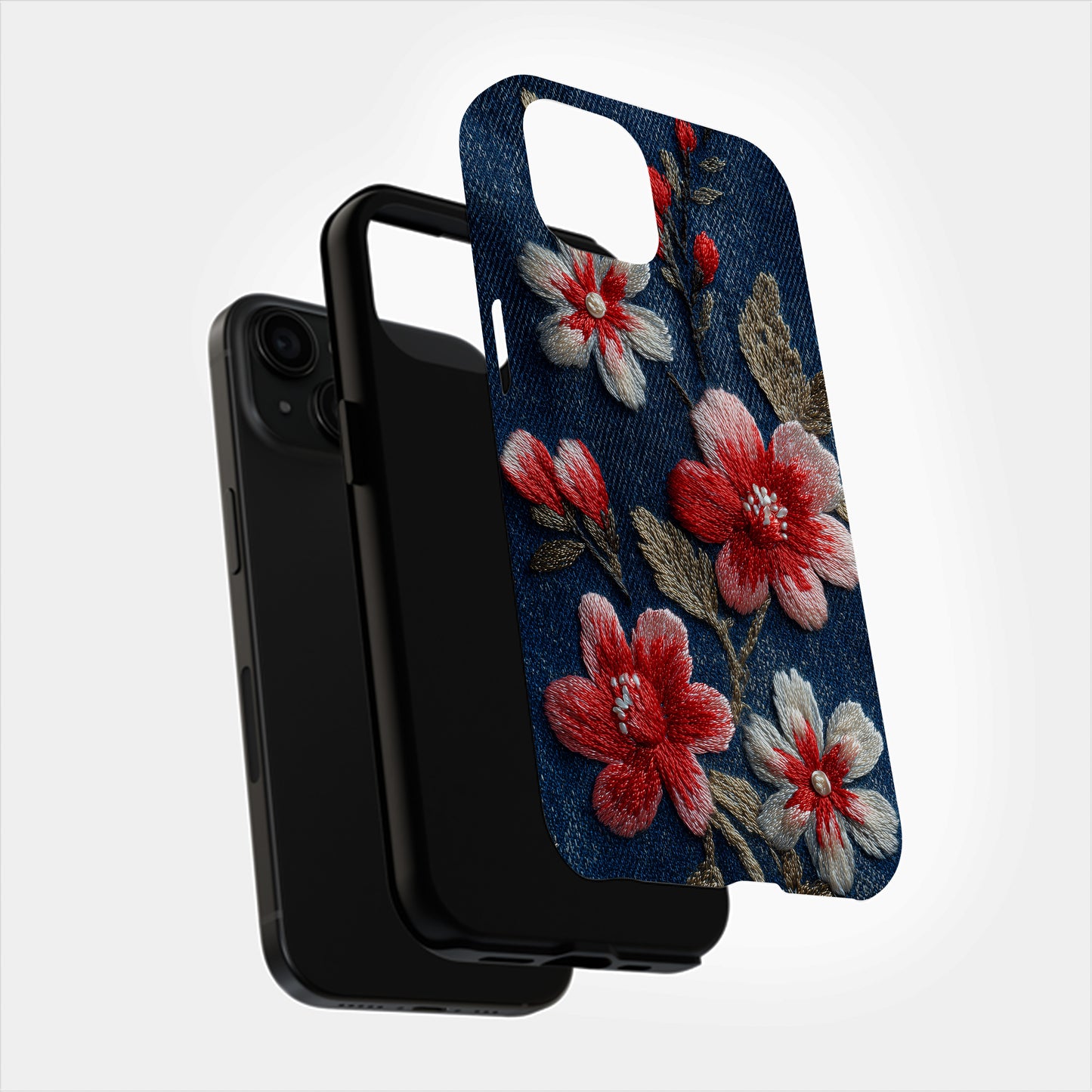 Embroidered Cherry Blossom Denim Phone Case – Pearl Accent Floral Stitch