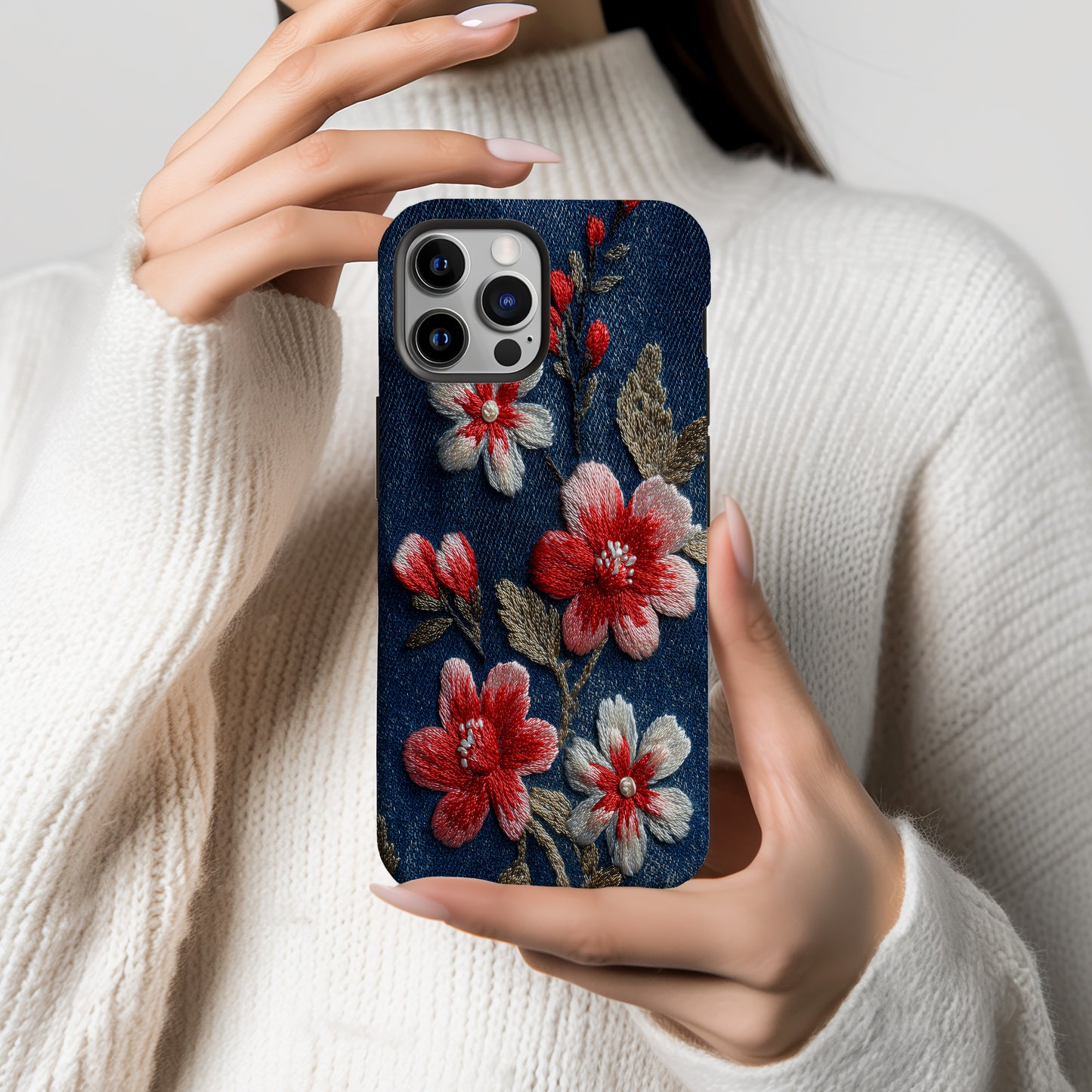 Embroidered Cherry Blossom Denim Phone Case – Pearl Accent Floral Stitch