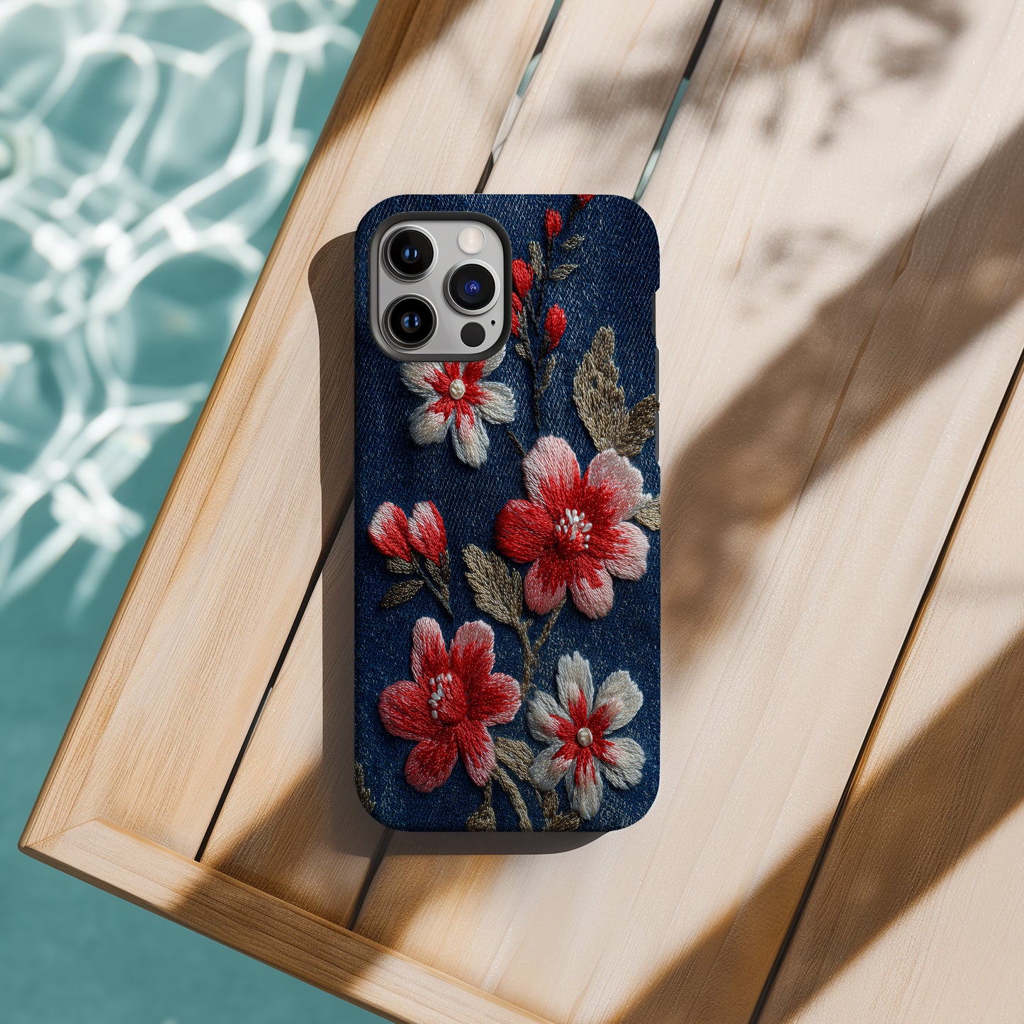 Embroidered Cherry Blossom Denim Phone Case – Pearl Accent Floral Stitch