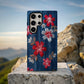 Delicate Blossom Stitch Denim Phone Case – Red & White Embroidered Floral Pattern