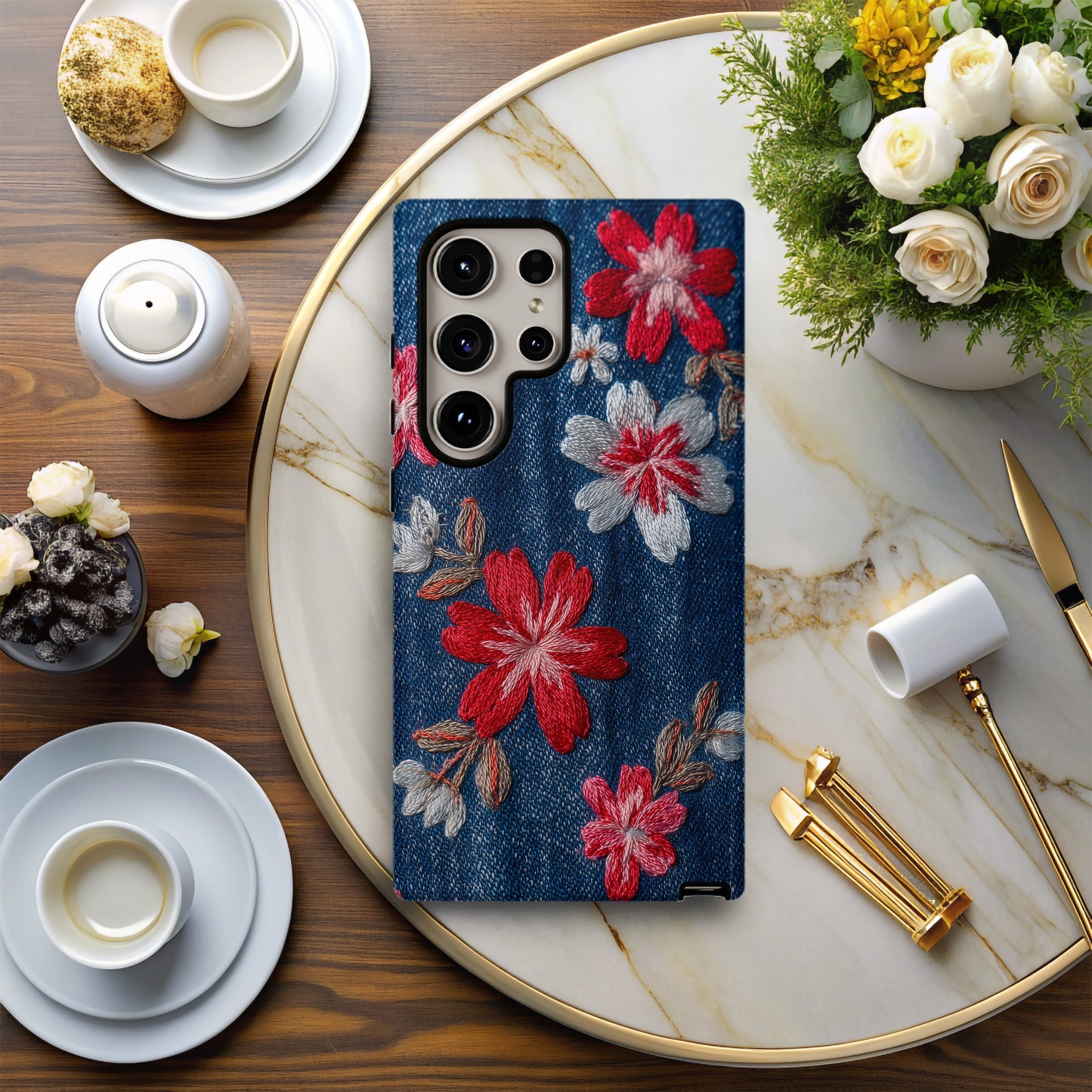 Delicate Blossom Stitch Denim Phone Case – Red & White Embroidered Floral Pattern