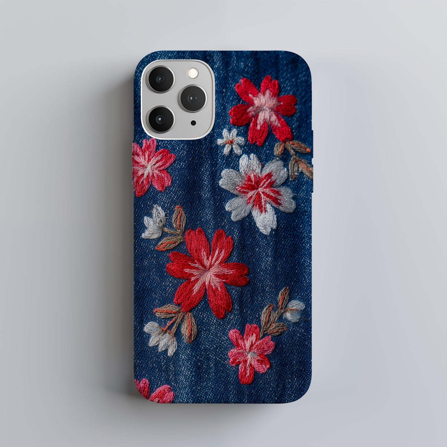 Delicate Blossom Stitch Denim Phone Case – Red & White Embroidered Floral Pattern
