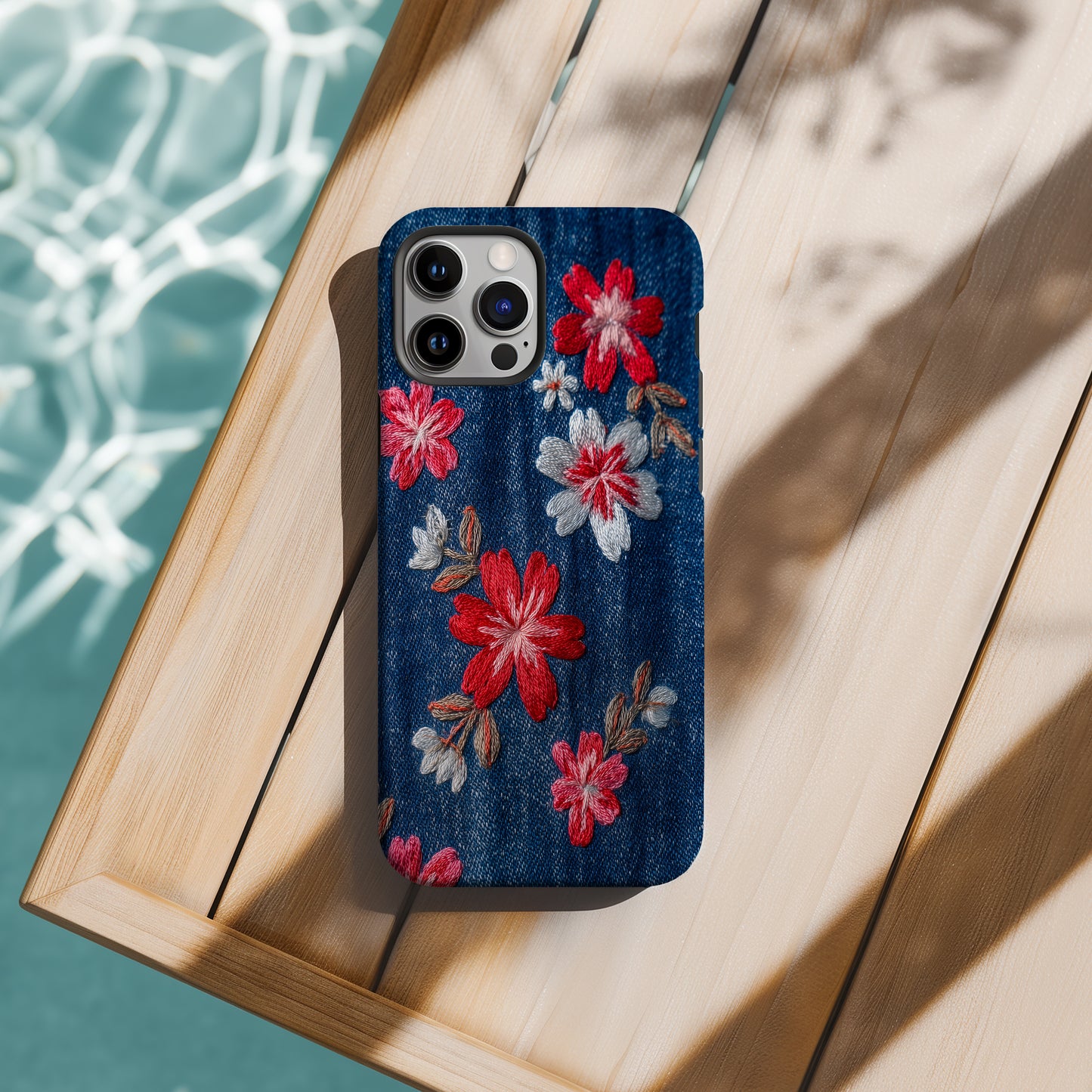 Delicate Blossom Stitch Denim Phone Case – Red & White Embroidered Floral Pattern