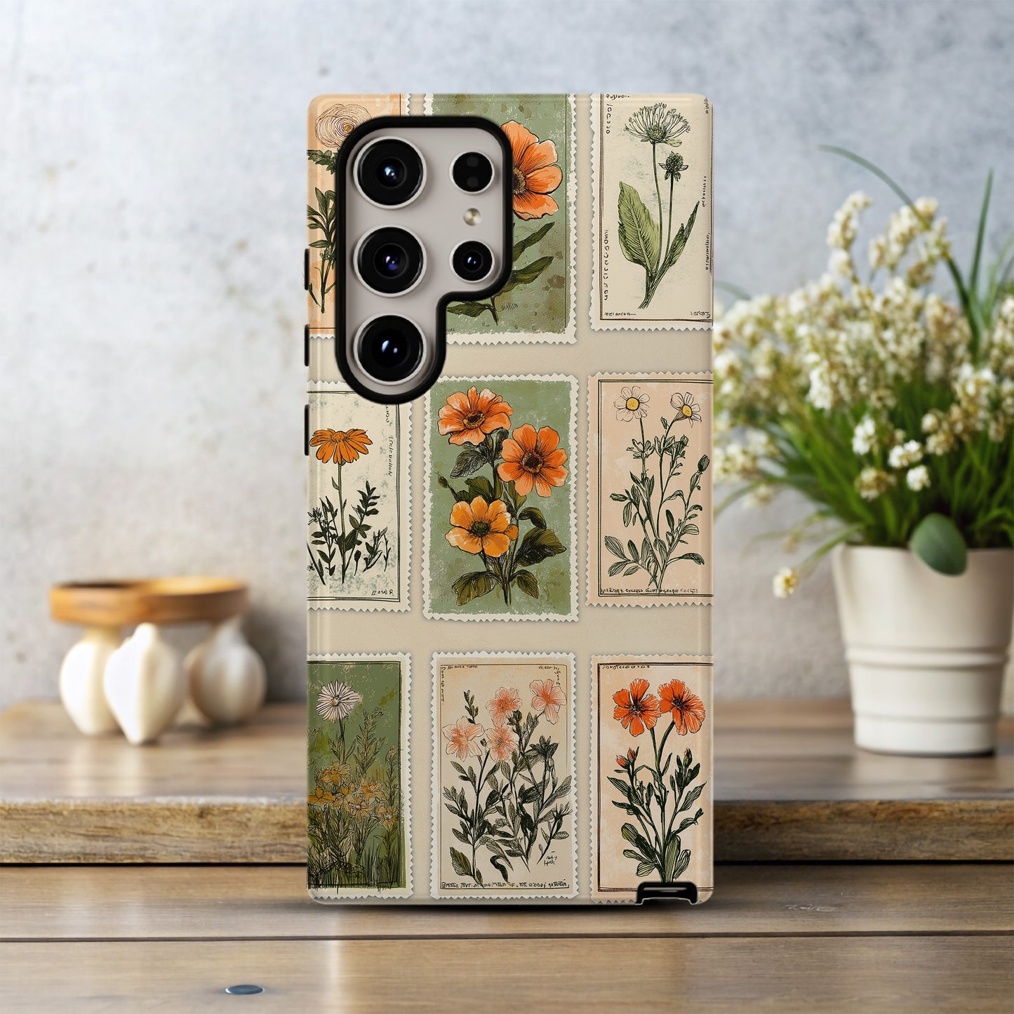 Vintage Botanical Stamp Collage Phone Case – Antique Floral Aesthetic