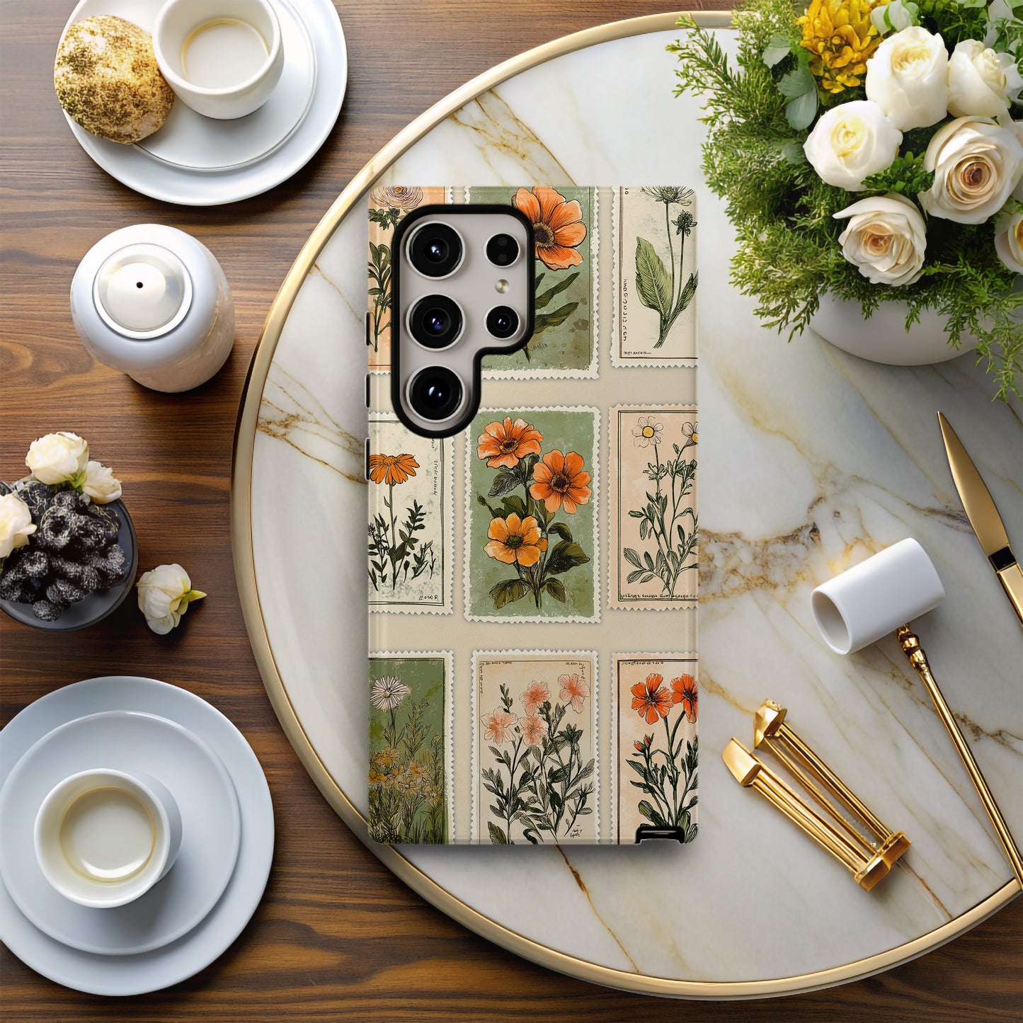 Vintage Botanical Stamp Collage Phone Case – Antique Floral Aesthetic