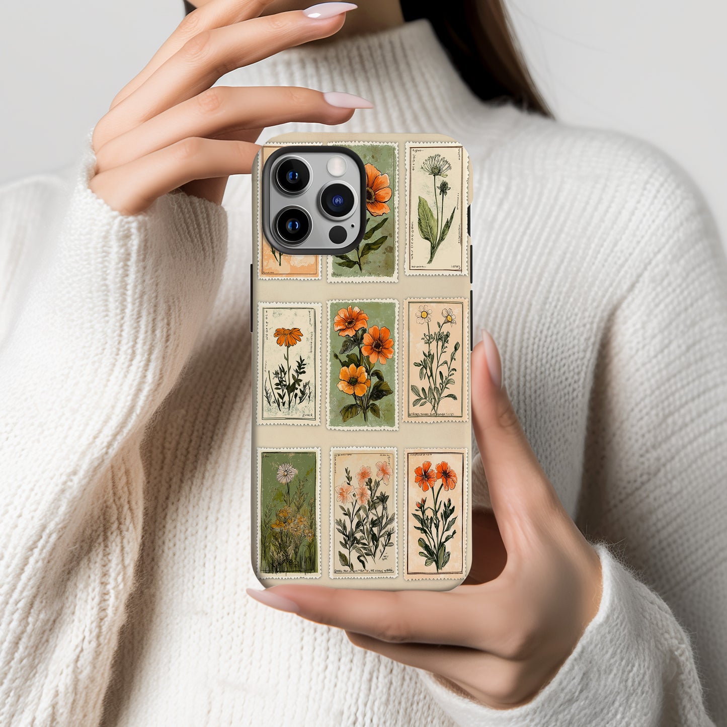 Vintage Botanical Stamp Collage Phone Case – Antique Floral Aesthetic