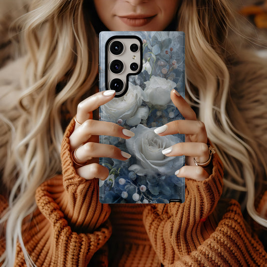 Winter Bloom Phone Case – White Roses, Snowdrops & Icy Blue Elegance
