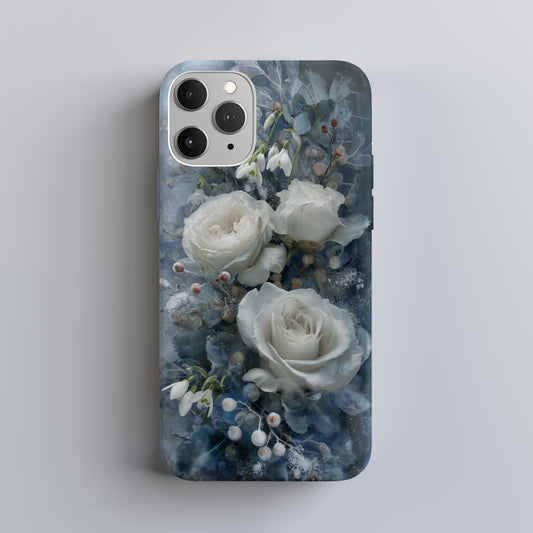 Winter Bloom Phone Case – White Roses, Snowdrops & Icy Blue Elegance