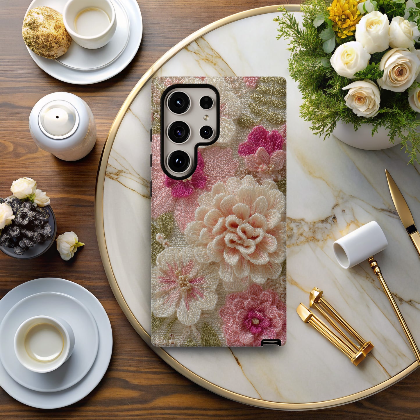 Delicate Embroidered Blossom Phone Case – 3D-Inspired Crochet Floral Elegance